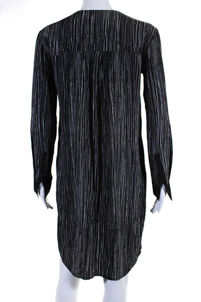 Vince Womens Half Placket Long Sleeve Striped Shift Dress Black White Silk XXS