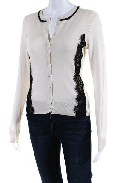 Nanette Lepore Womens Wool Lace Trim Button Up Cardigan Sweater Beige Size S