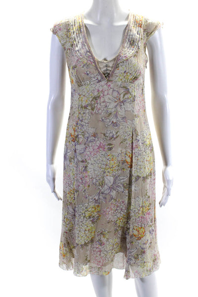 Elie Tahari Womens Beige Silk Floral Print V-Neck Sleeveless Shift Dress Size 6