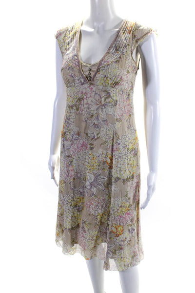 Elie Tahari Womens Beige Silk Floral Print V-Neck Sleeveless Shift Dress Size 6