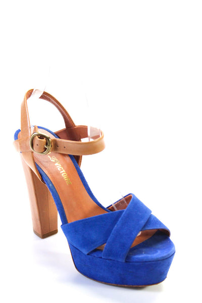 Pour la Victoire Womens Blue Suede Ankle Strap Platform Heels Shoes Size 7.5