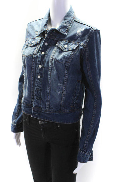 Blank NYC Womens Blue Dark Wash Distress Long Sleeve Denim Jacket Size S