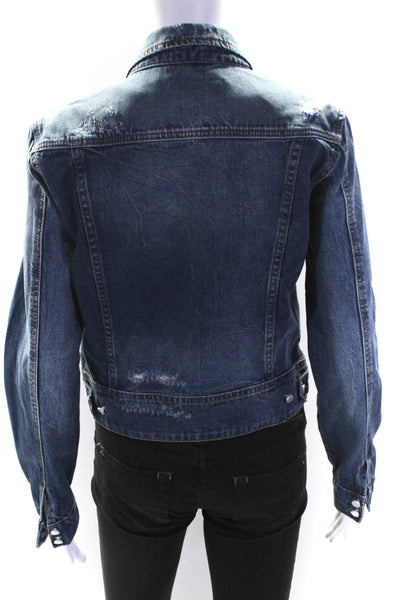 Blank NYC Womens Blue Dark Wash Distress Long Sleeve Denim Jacket Size S