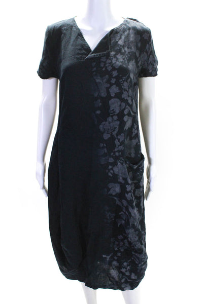 Elemente Clemente Womens Short Sleeve Floral Trim Midi Linen Dress Navy Size 1