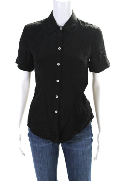 A.B.S Collection Womens Silk Short Sleeve Collared Button Down Top Black Size PP