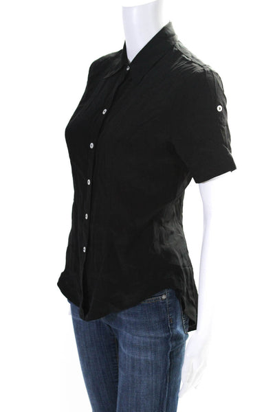 A.B.S Collection Womens Silk Short Sleeve Collared Button Down Top Black Size PP