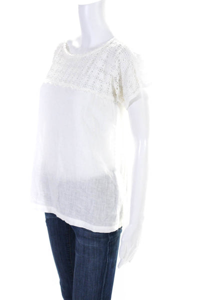 120% Lino Womens White Linen Lace Trim Crew Neck Short Sleeve Blouse Top Size XS