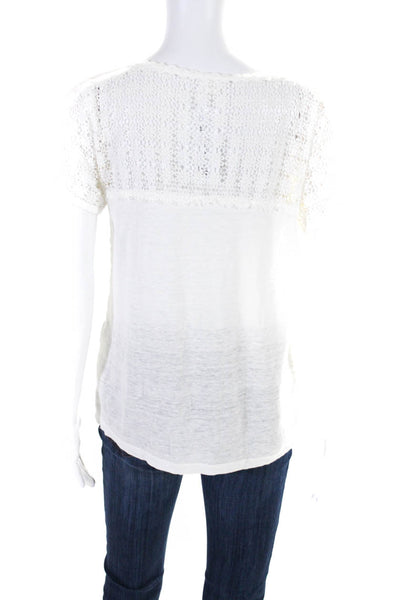 120% Lino Womens White Linen Lace Trim Crew Neck Short Sleeve Blouse Top Size XS