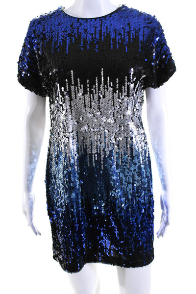 Aidan Mattox Womens Gradient Sequin Short Sleeve Shift Dress Black Blue Size 4