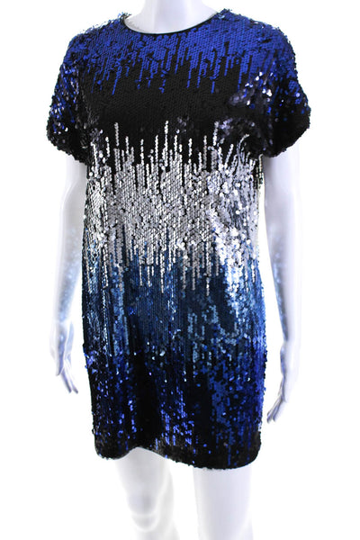 Aidan Mattox Womens Gradient Sequin Short Sleeve Shift Dress Black Blue Size 4