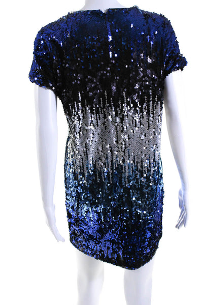 Aidan Mattox Womens Gradient Sequin Short Sleeve Shift Dress Black Blue Size 4