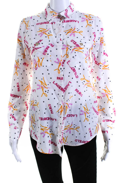 Karl Lagerfeld Womens Graphic Print Collared Button Up Blouse Top White Size S