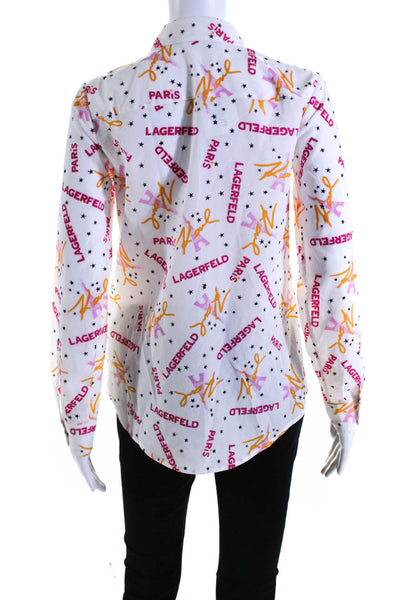 Karl Lagerfeld Womens Graphic Print Collared Button Up Blouse Top White Size S