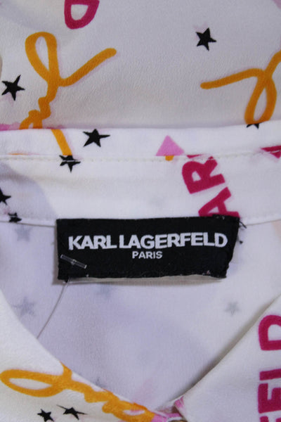 Karl Lagerfeld Womens Graphic Print Collared Button Up Blouse Top White Size S