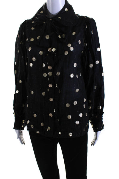 Sister Jane Womens Metallic Polka Dot Button Up Blouse Top Black Size XS