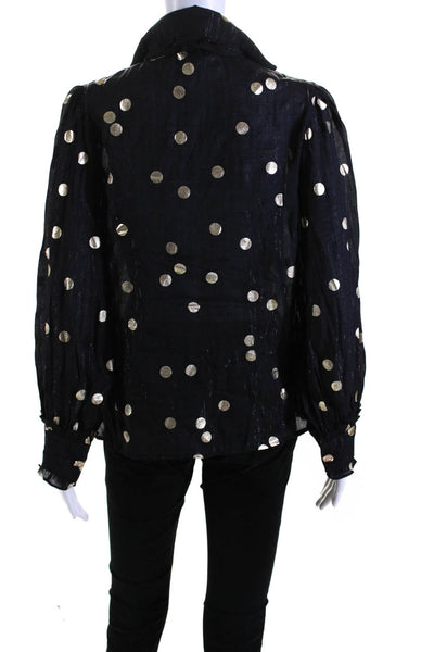 Sister Jane Womens Metallic Polka Dot Button Up Blouse Top Black Size XS