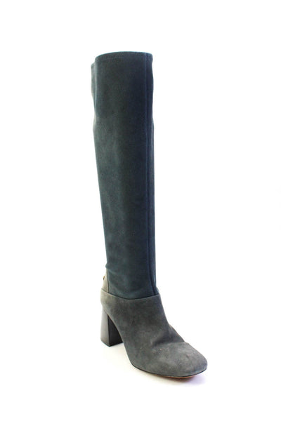 Tory Burch Womens Knee High Block Heel Pull On Boots Blue Suede Size 8.5