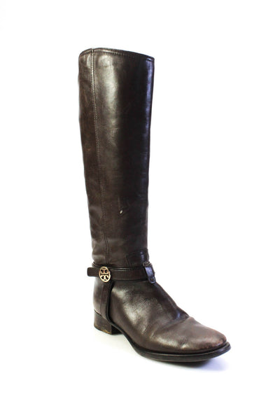 Tory Burch Womens Leather Harness Knee High Pull On Boots Dark Brown Size 8