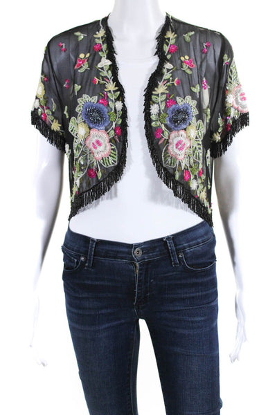 Adrienne Landau Womens Beaded Floral Embroidered Blouse Black Size One Size