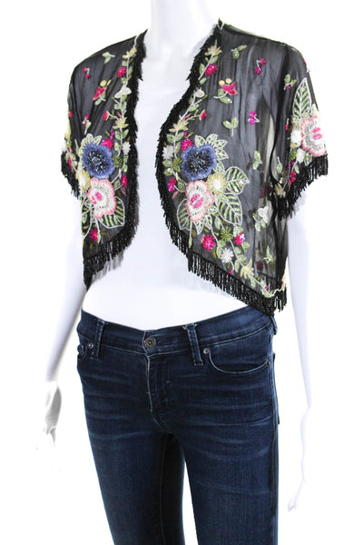 Adrienne Landau Womens Beaded Floral Embroidered Blouse Black Size One Size