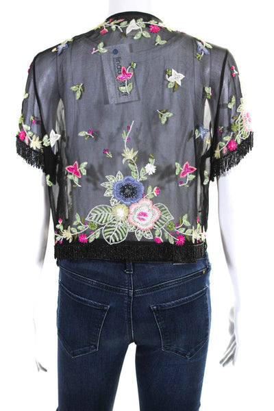 Adrienne Landau Womens Beaded Floral Embroidered Blouse Black Size One Size