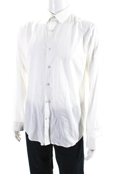 Theory Mens Cotton Striped Print Buttoned Collared Long Sleeve Top White Size M