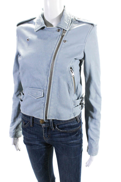 IRO Womens Leather Ashville Zip Up Motorcycle Jacket Sky Blue Size EUR 38