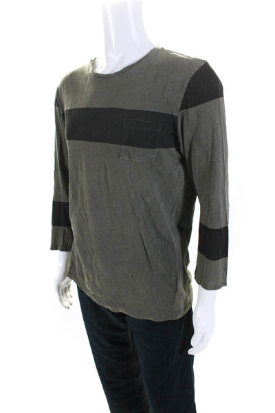 Allsaints Mens Long Sleeve Striped Pocket Tee Shirt Olive Green Size Large