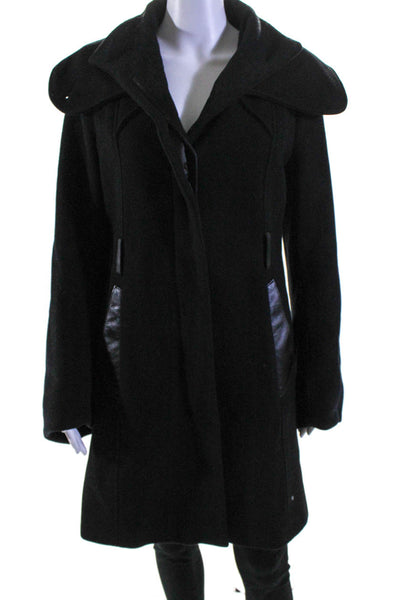 Mackage Womens Wool Leather Patchwork Buttoned Collared Trench Coat Black Size L