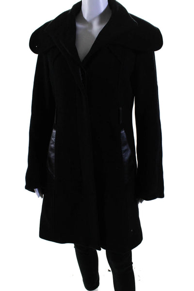 Mackage Womens Wool Leather Patchwork Buttoned Collared Trench Coat Black Size L