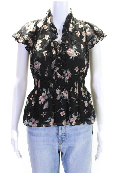 Rebecca Taylor Womens Silk Floral Print Ruffled Blouse Black Size Extra Small