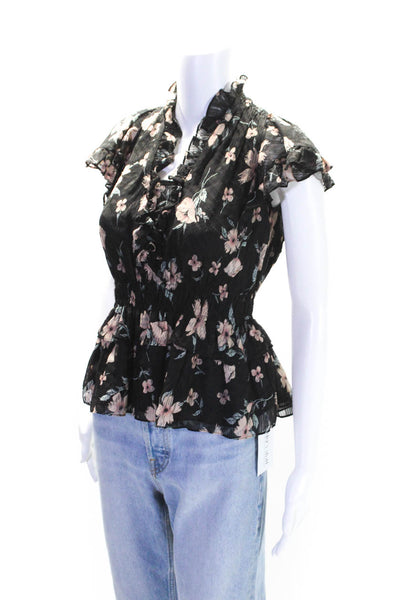 Rebecca Taylor Womens Silk Floral Print Ruffled Blouse Black Size Extra Small