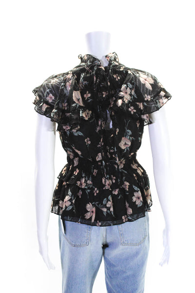 Rebecca Taylor Womens Silk Floral Print Ruffled Blouse Black Size Extra Small