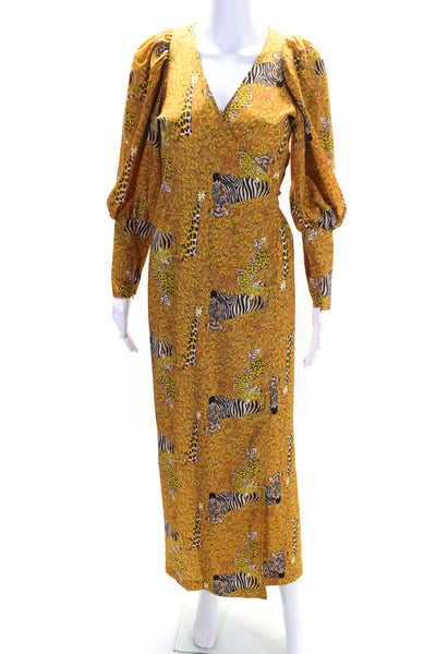 Rhode Womens Yellow Animal Print V-Neck Long Sleeve Wrap Dress Size XS