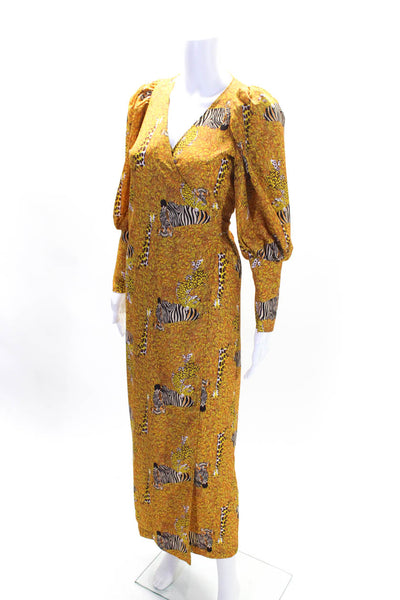 Rhode Womens Yellow Animal Print V-Neck Long Sleeve Wrap Dress Size XS