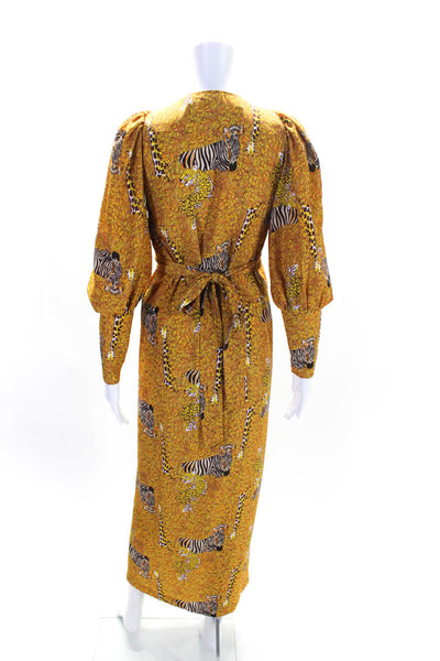 Rhode Womens Yellow Animal Print V-Neck Long Sleeve Wrap Dress Size XS