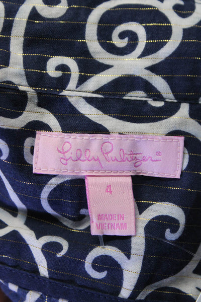 Lilly Pulitzer Womens Cotton Abstract Print Metallic Button Down Top Blue Size 4