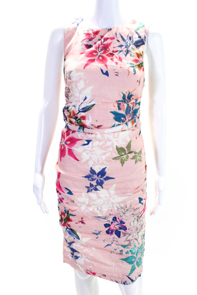 Nicole Miller Collection Womens Floral Print Ruched Bodycon Dress Pink Size 4