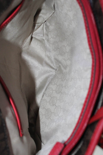 Michael Michael Kors Womens Coated Monogram Pocket Front Tote Handbag Brown Red