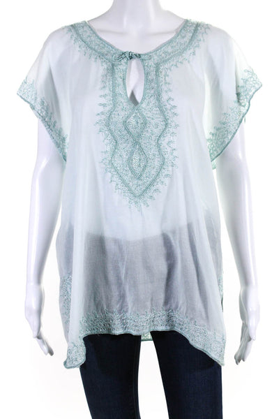 Calypso Christiane Celle Womens Embroidered V Neck Blouse Sky Blue Size Large