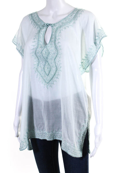 Calypso Christiane Celle Womens Embroidered V Neck Blouse Sky Blue Size Large