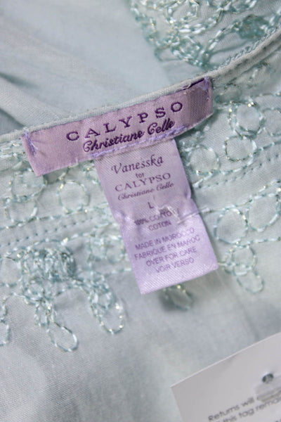 Calypso Christiane Celle Womens Embroidered V Neck Blouse Sky Blue Size Large