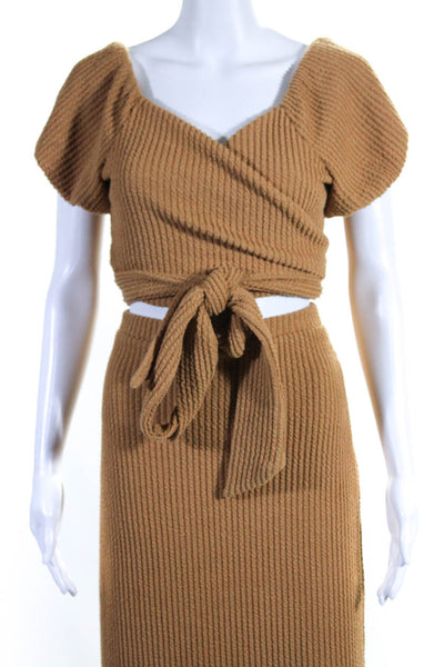 Fore Brown Womens Short Sleeves Tie Front Top Skirt Set Cotton Blend Size Large