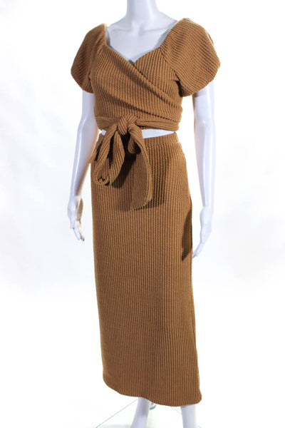 Fore Brown Womens Short Sleeves Tie Front Top Skirt Set Cotton Blend Size Large