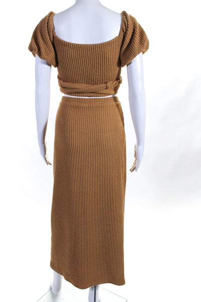 Fore Brown Womens Short Sleeves Tie Front Top Skirt Set Cotton Blend Size Large