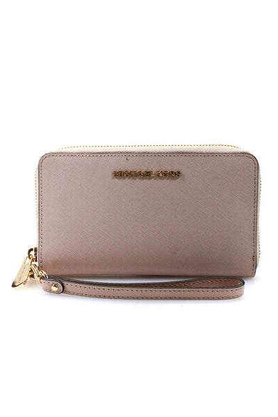Michael Kors Womens Leather Gold Tone Zip Around Wristlet Wallet Bare Pink