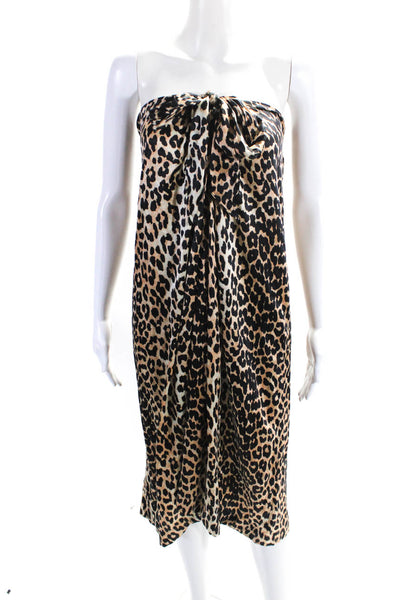 Ganni Womens Silk Blend Animal Print V-Neck Open Back Halter Dress Brown Size 40