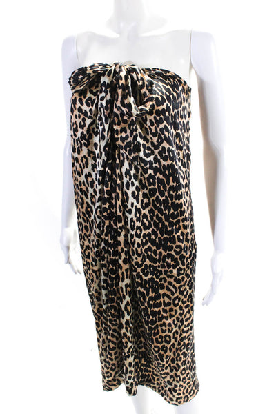 Ganni Womens Silk Blend Animal Print V-Neck Open Back Halter Dress Brown Size 40