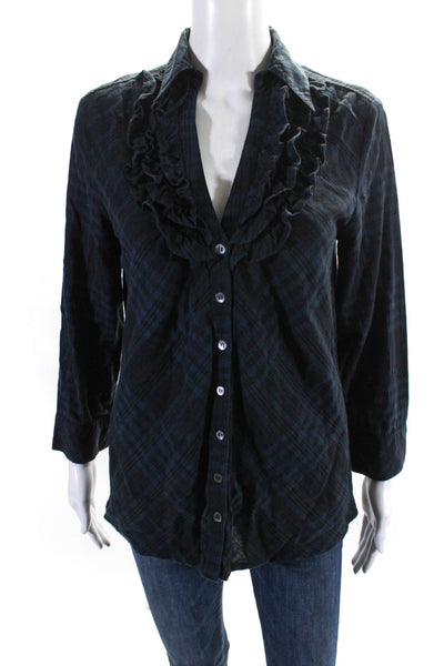 Joie Womens Cotton Plaid Collared Long Sleeve Button Up Blouse Top Navy Size S