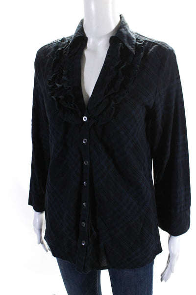 Joie Womens Cotton Plaid Collared Long Sleeve Button Up Blouse Top Navy Size S